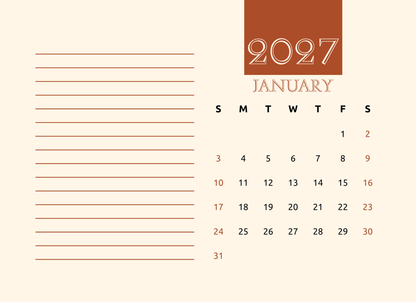 Calendar for January 2027 with a beige background
