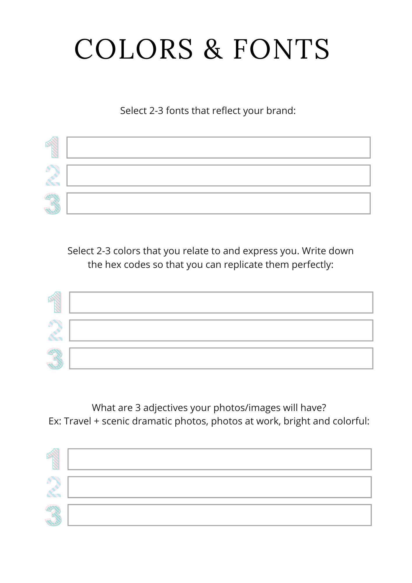 Form for selecting fonts, colors, and adjectives related to a brand or project.