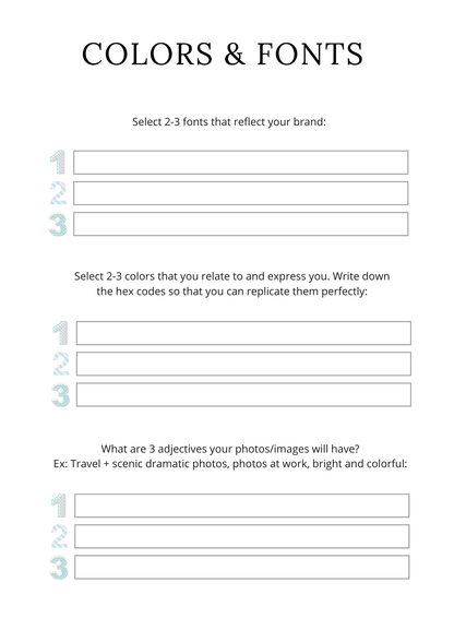 Form for selecting fonts, colors, and adjectives related to a brand or project.