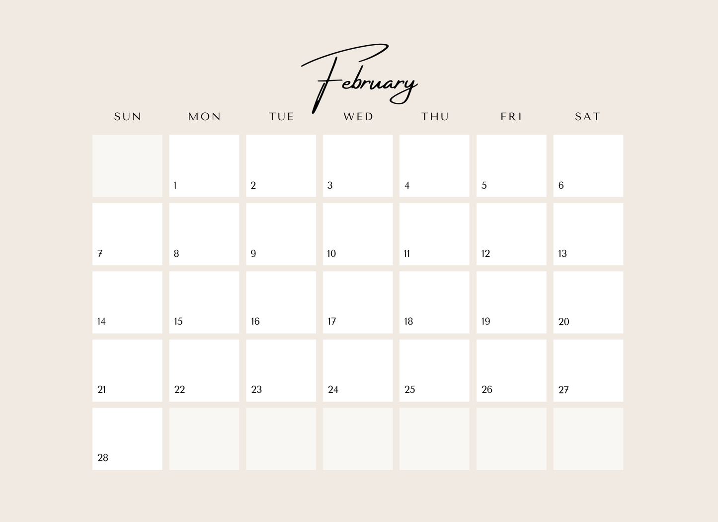 Calendar for February on a light beige background