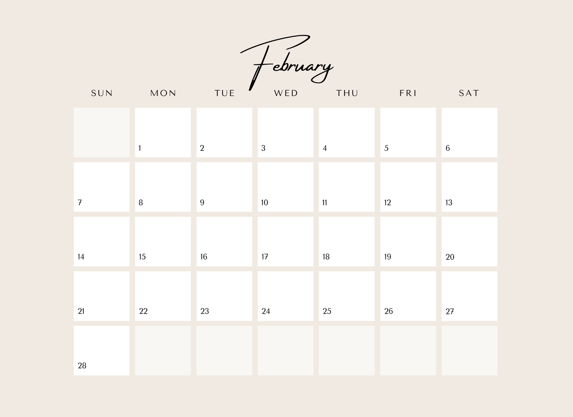 Calendar for February on a light beige background