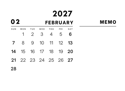 Calendar for February 2027 with a memo section on a white background