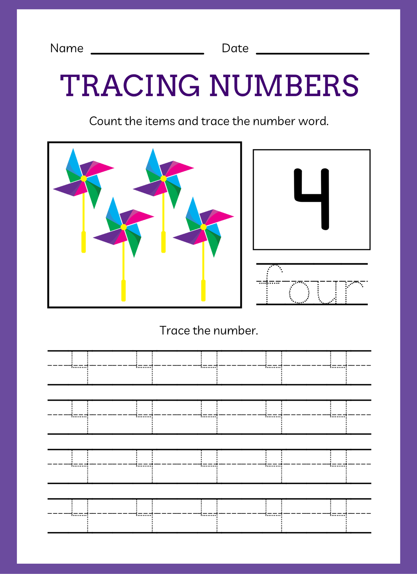 Educational worksheet for tracing numbers with colorful pinwheels and number '4'.