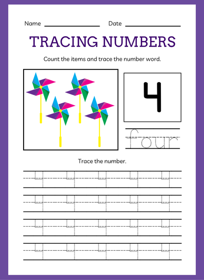 Educational worksheet for tracing numbers with colorful pinwheels and number '4'.