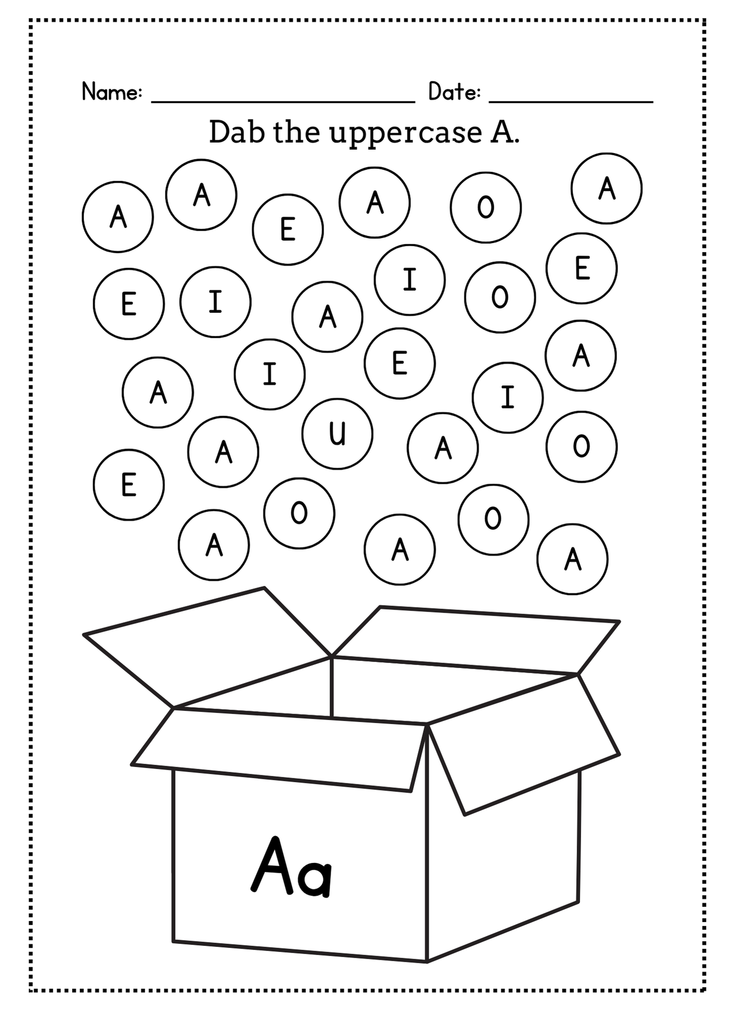 Educational worksheet with uppercase 'A' letters and a box labeled 'Aa'.