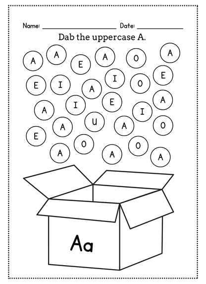 Educational worksheet with uppercase 'A' letters and a box labeled 'Aa'.