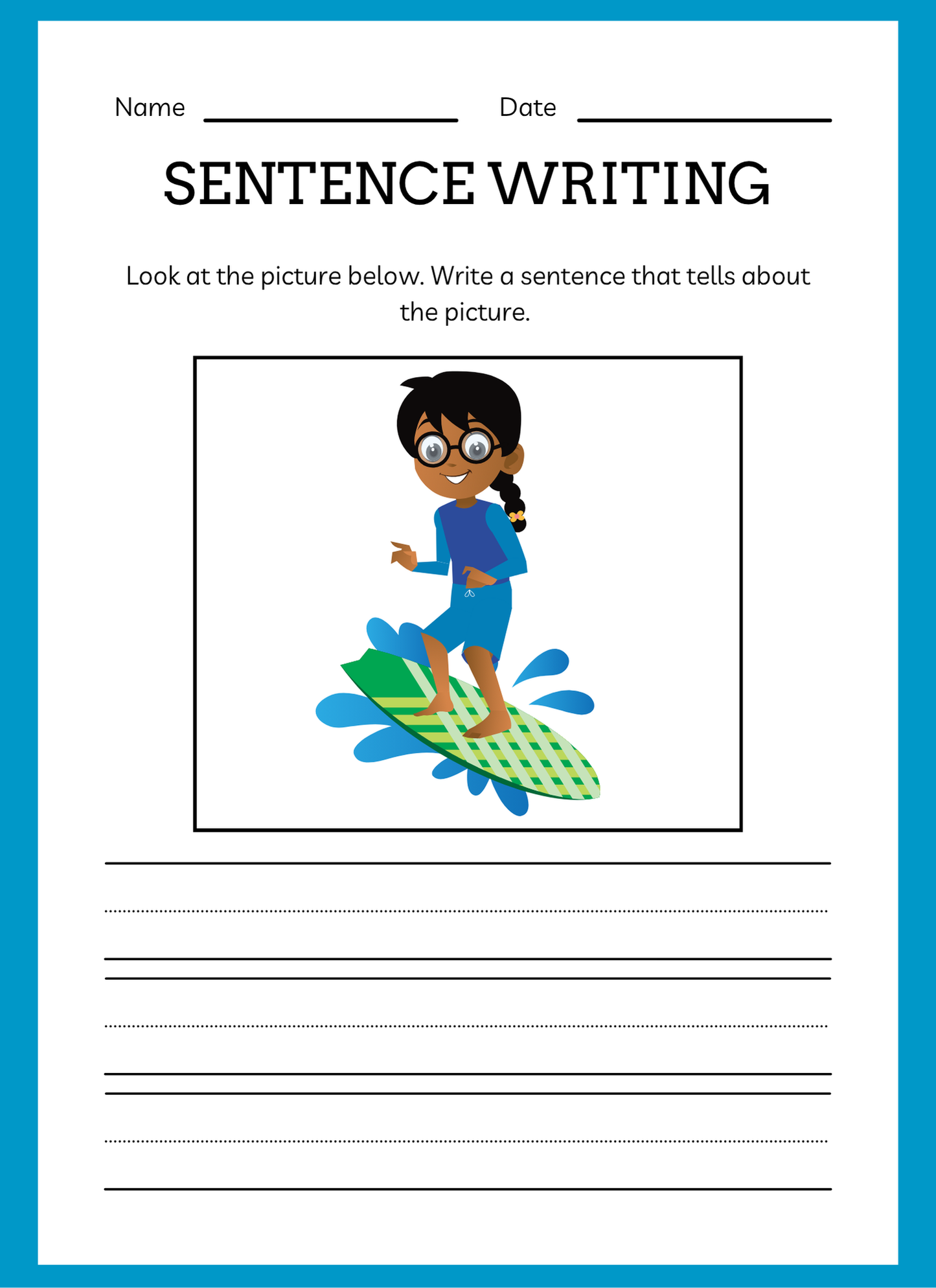 Sentence writing worksheet with a cartoon character on a surfboard
