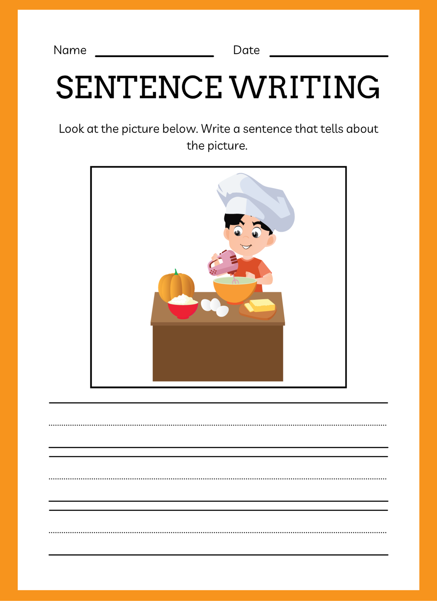 Sentence writing worksheet with a cartoon chef and ingredients on a table, set against an orange border.