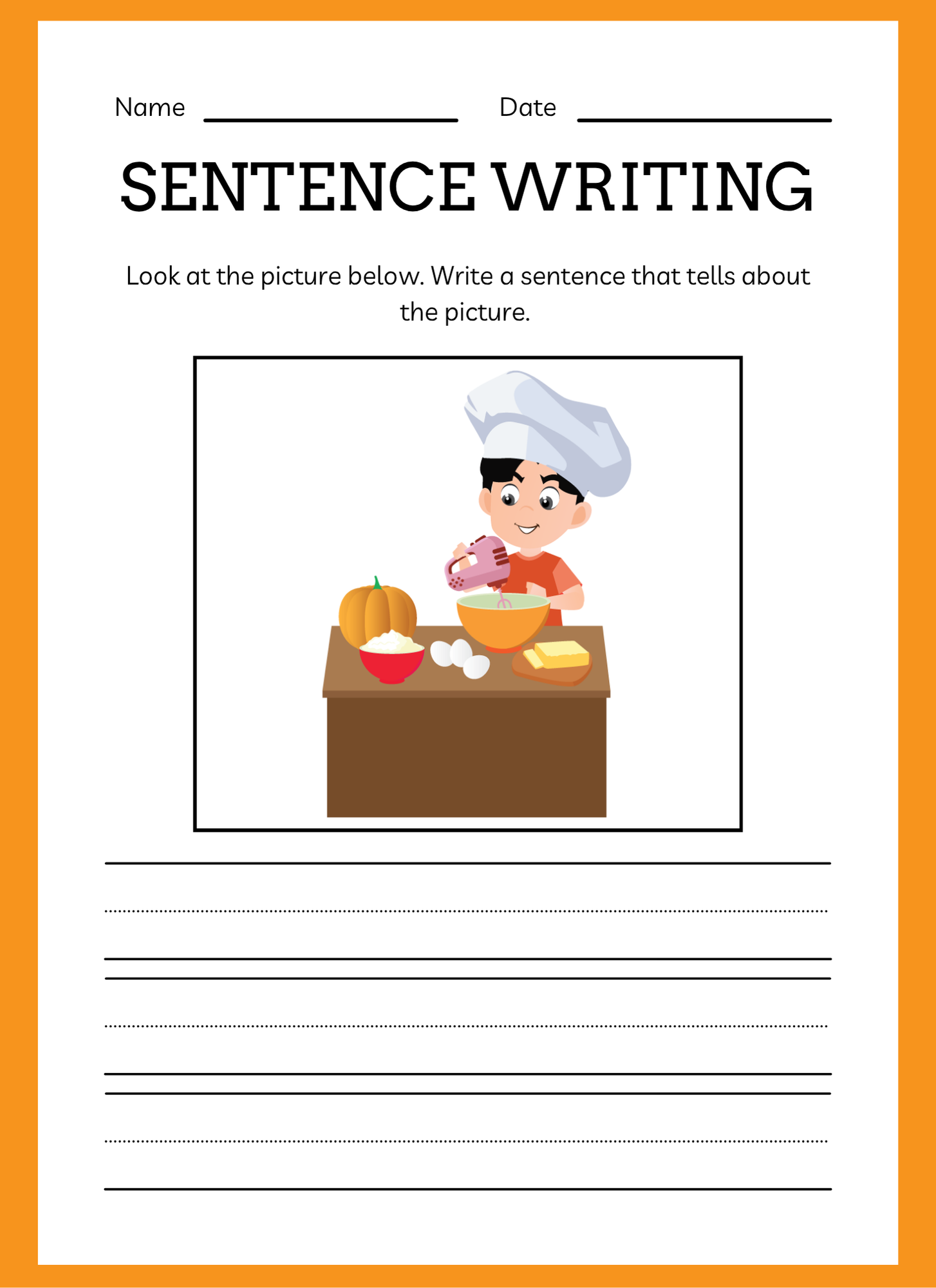 Sentence writing worksheet with a cartoon chef and ingredients on a table, set against an orange border.