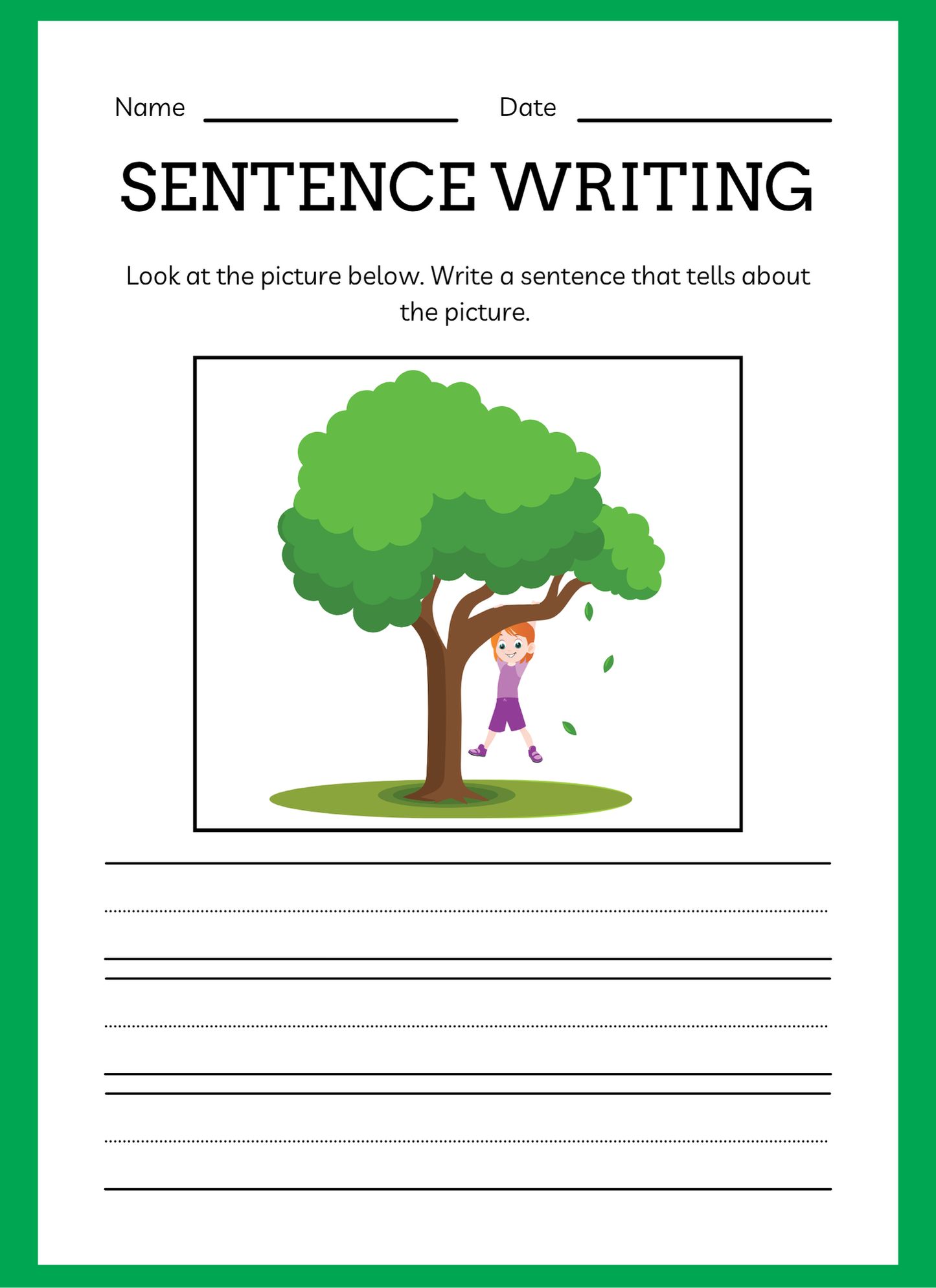 Sentence writing worksheet with a picture of a child under a tree and space to write a sentence.