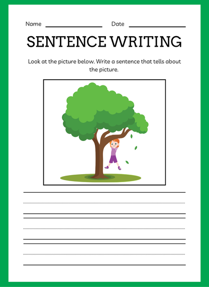 Sentence writing worksheet with a picture of a child under a tree and space to write a sentence.