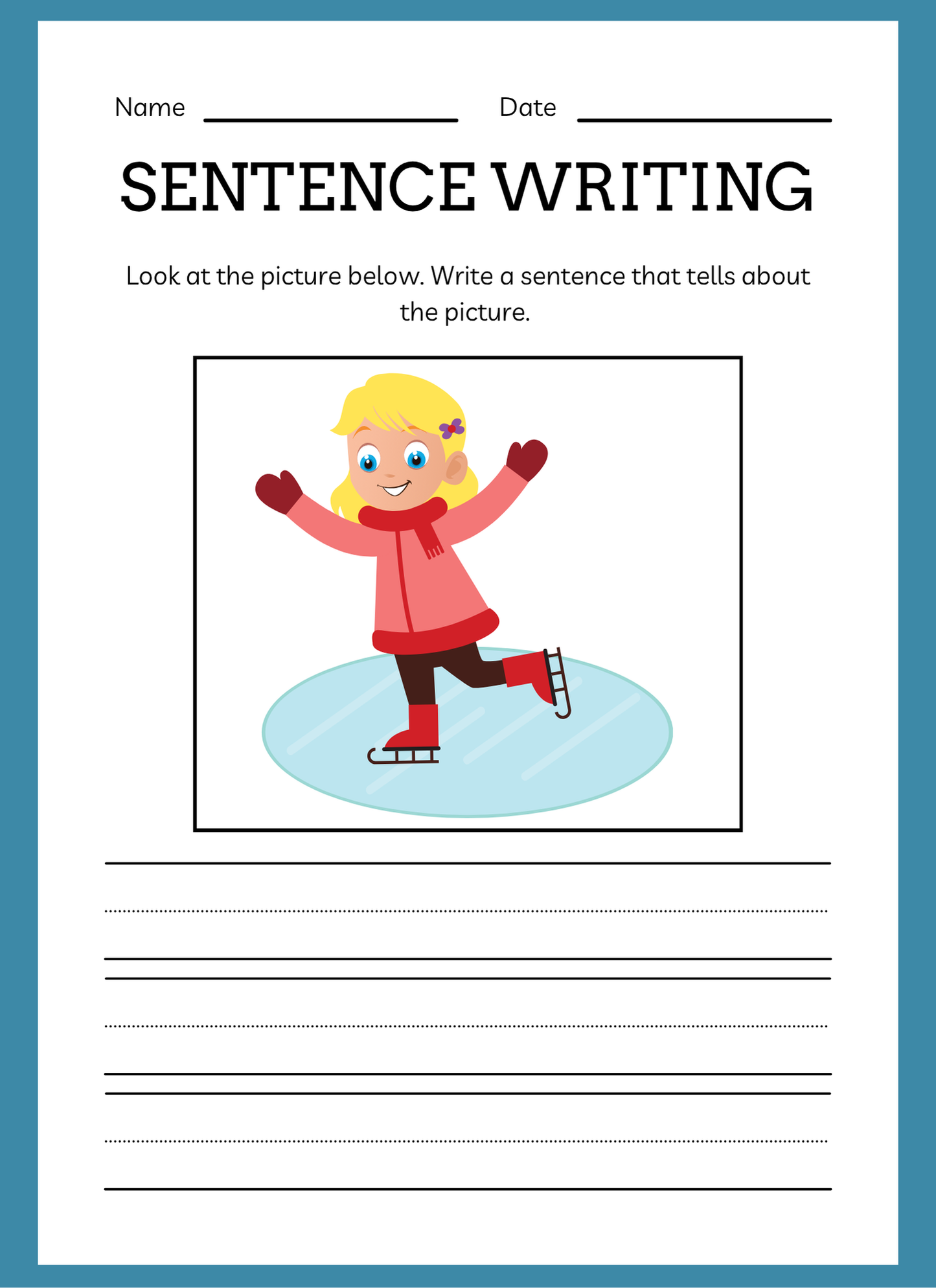 Sentence writing worksheet with a cartoon girl ice skating on a blue border
