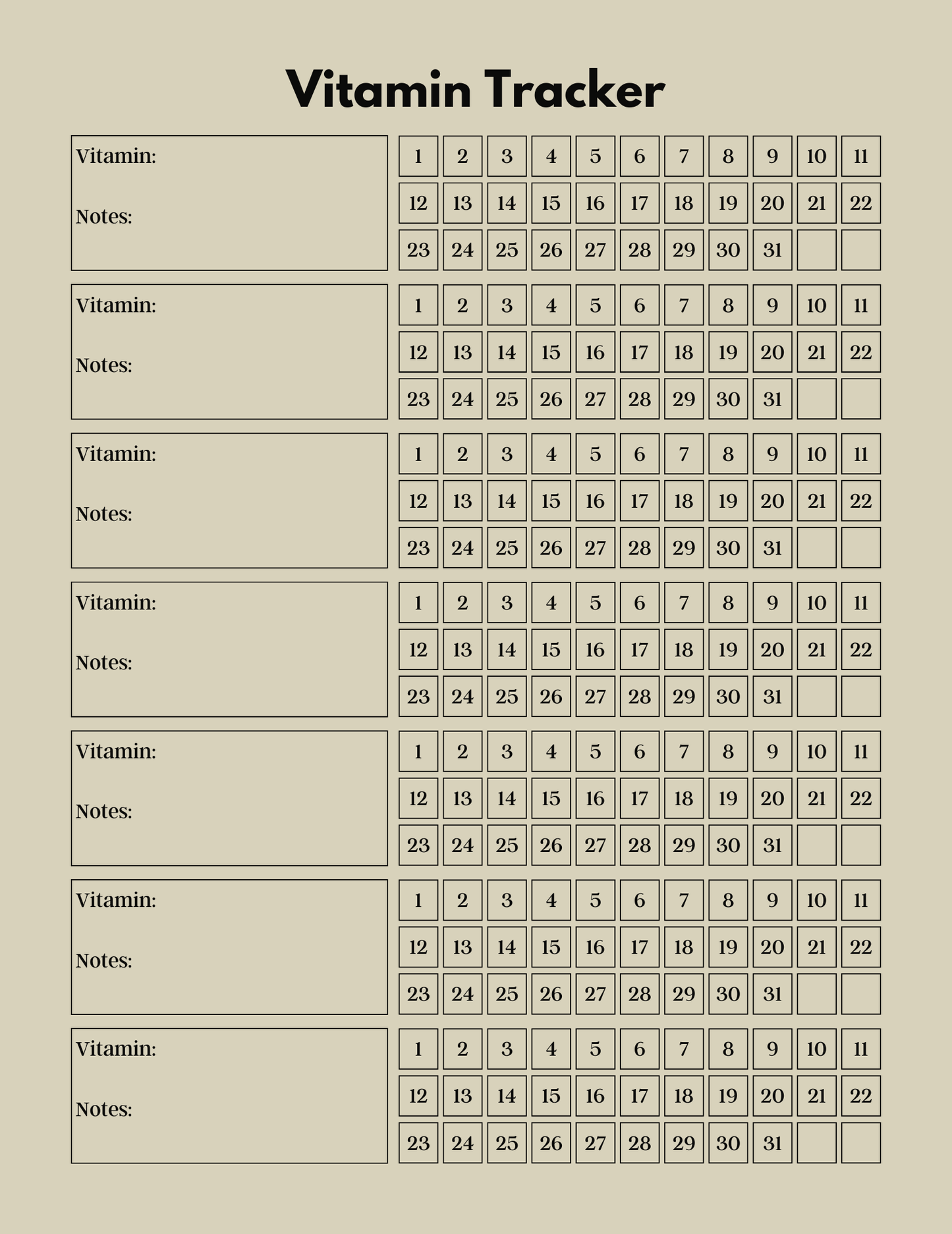 Vitamin tracker with rows for vitamins and columns for days of the month on a beige background.