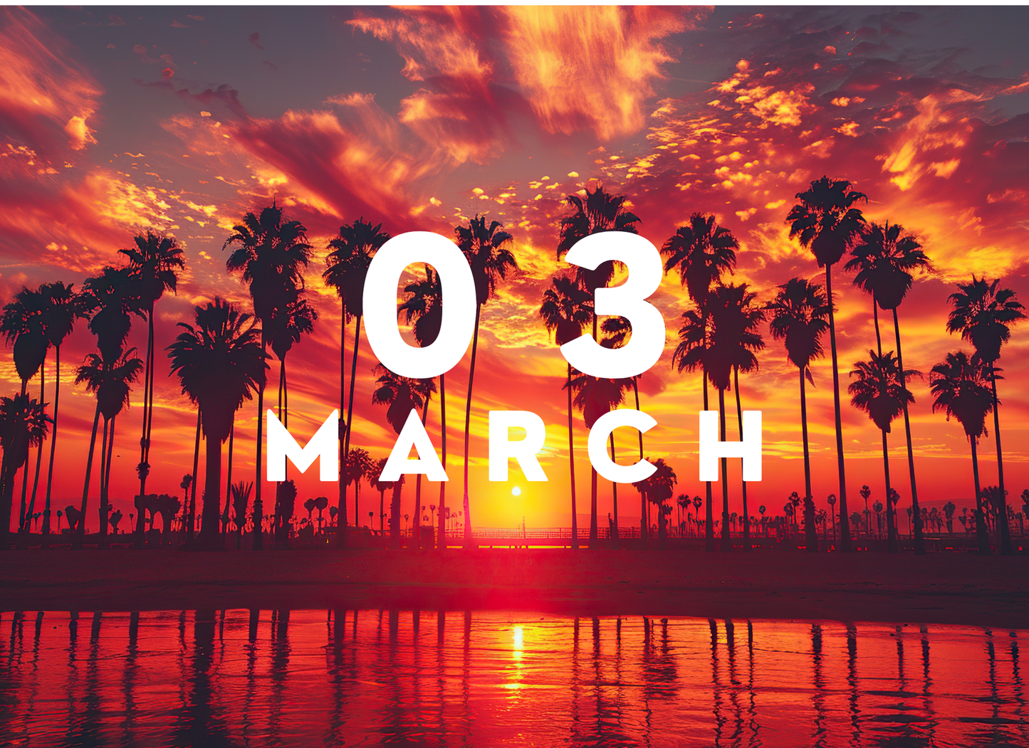 Sunset over palm trees with '03 March' text