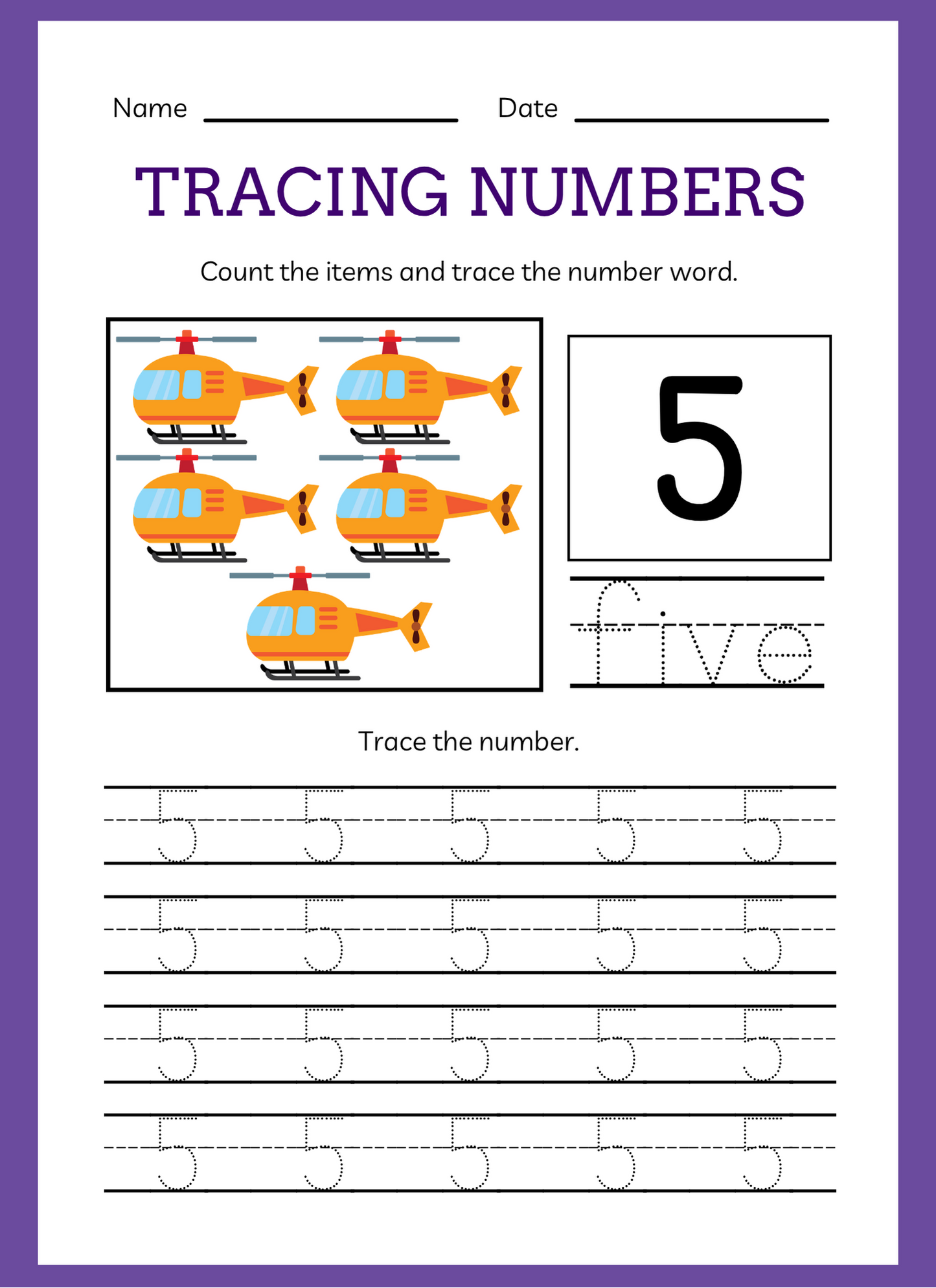 Educational worksheet for tracing numbers with helicopter illustrations on a purple border.