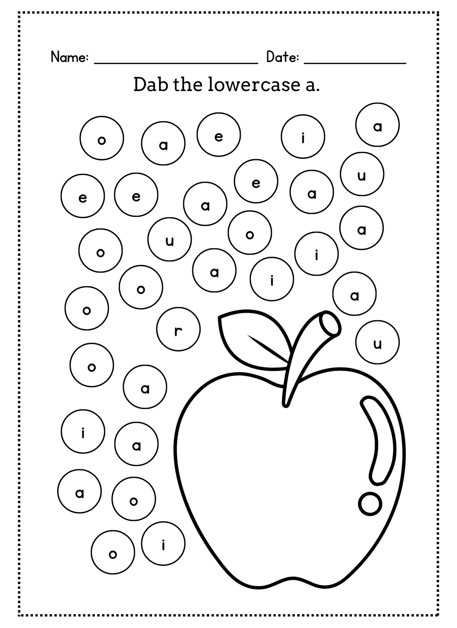 Preschool worksheet with lowercase 'a' letters and an apple illustration.