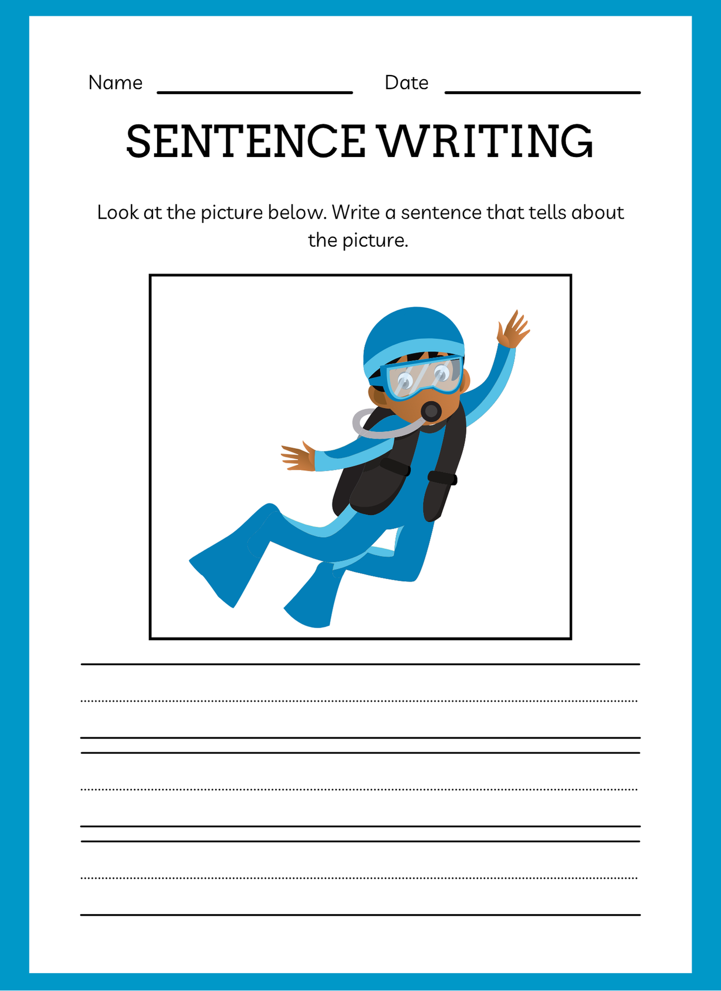 Sentence writing worksheet with a diver illustration on a blue border