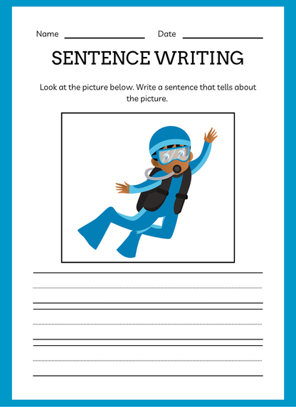 Sentence writing worksheet with a diver illustration on a blue border