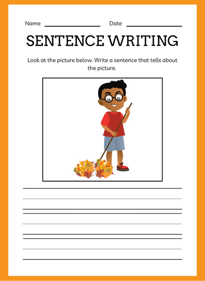 Sentence writing worksheet with a cartoon boy raking leaves, on an orange border.