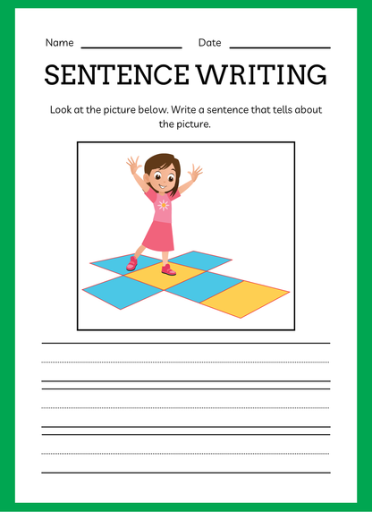 Sentence writing worksheet with a picture of a child on a colorful mat.