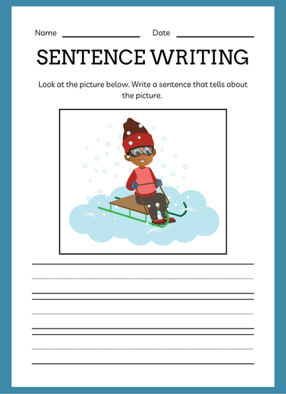 Sentence writing worksheet with a cartoon character on a sled, blue border, and text prompts.
