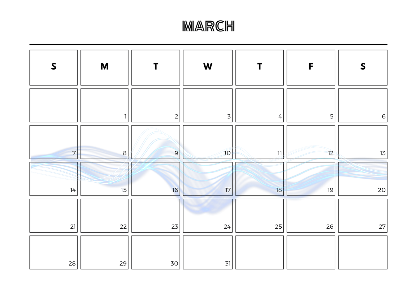 Calendar for March with a wave design on a white background