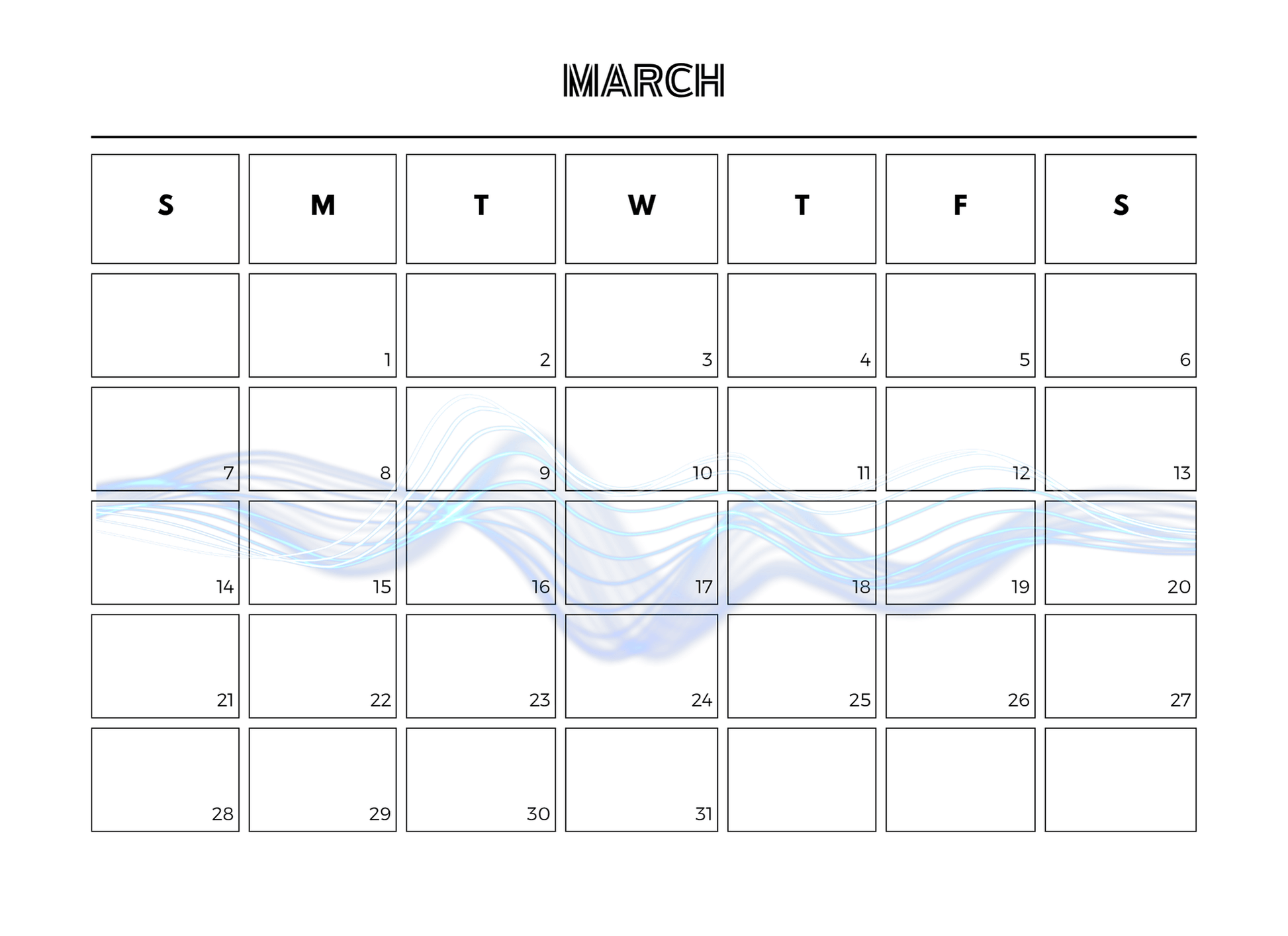 Calendar for March with a wave design on a white background