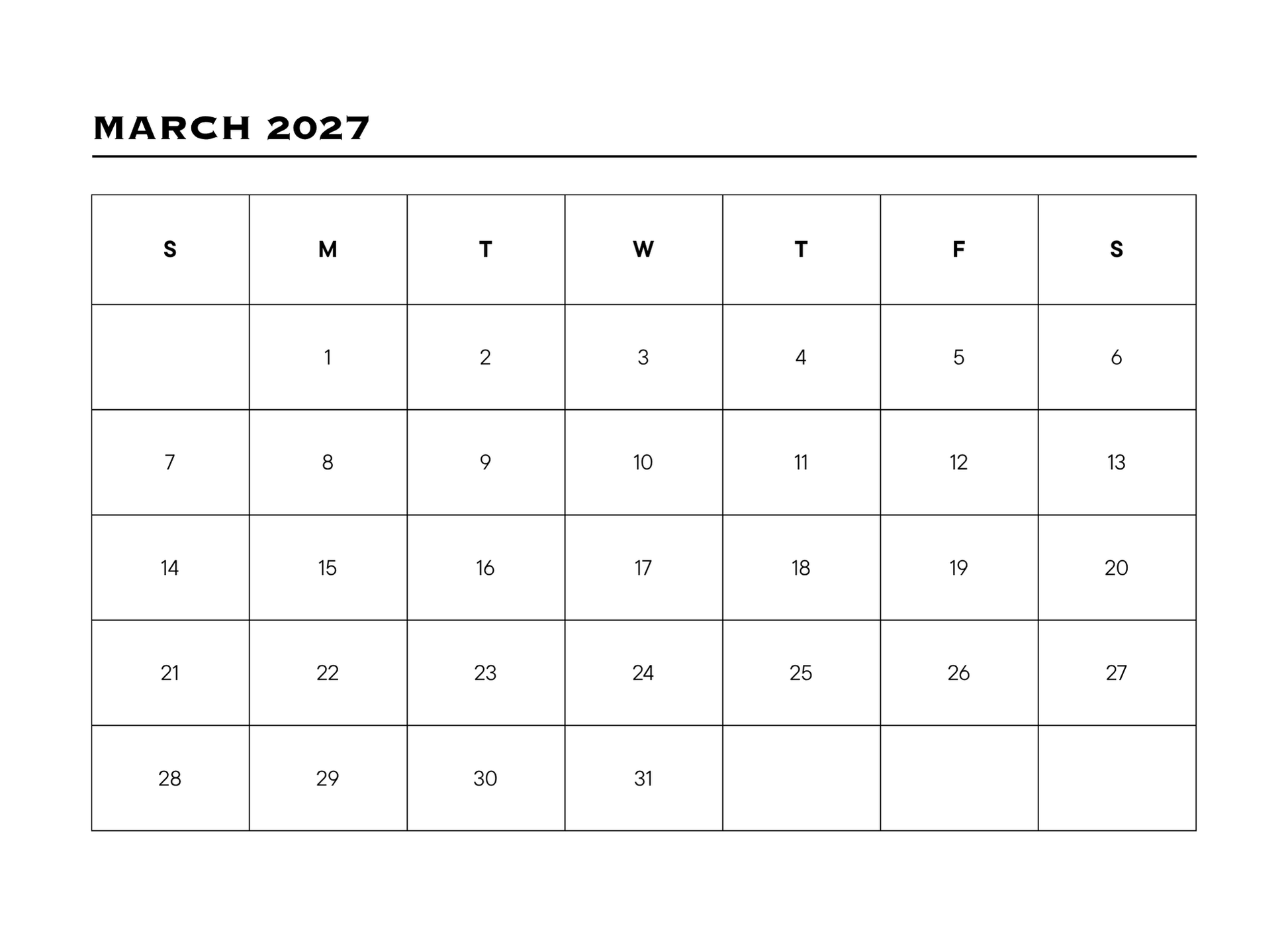 Calendar for March 2027 with days of the week labeled.
