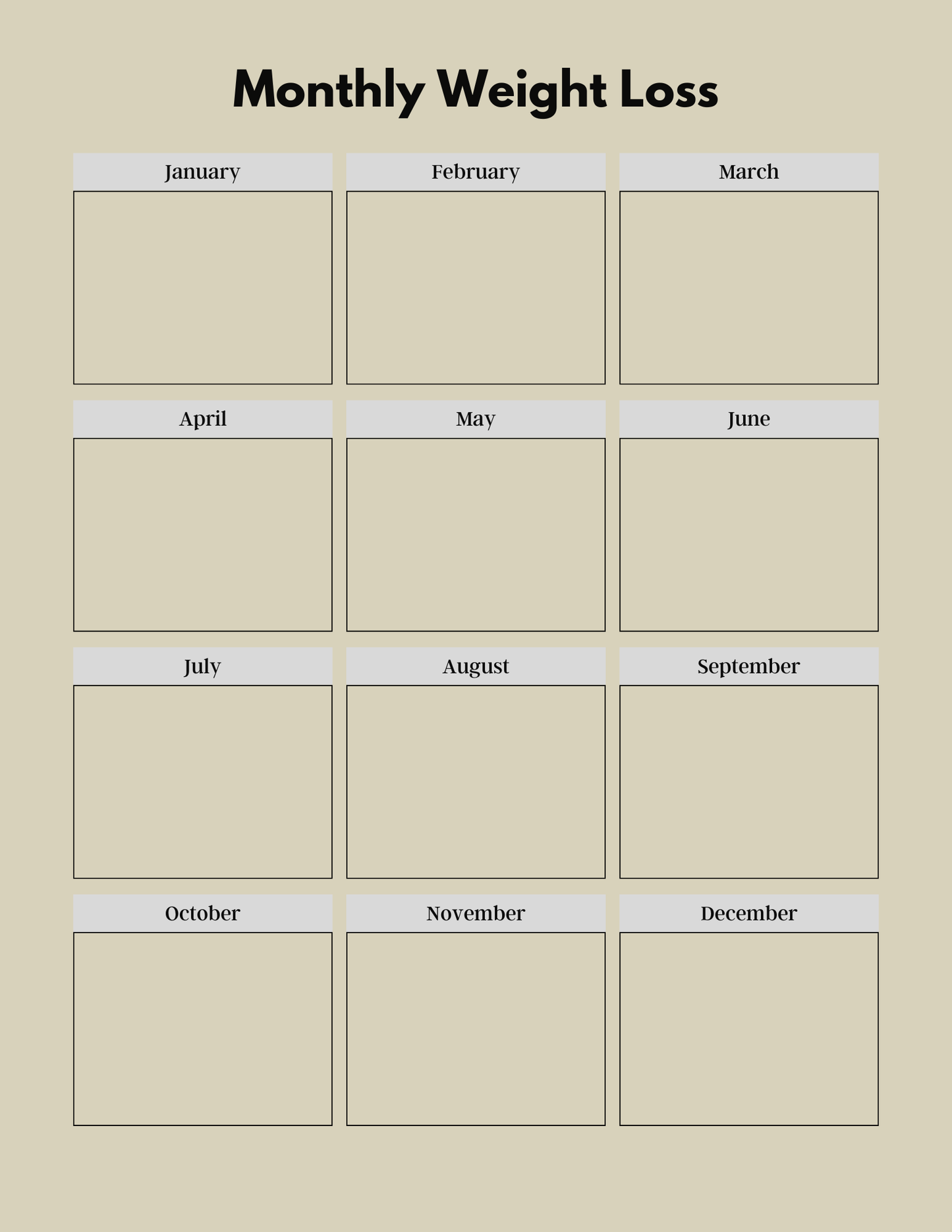 Calendar layout for monthly weight loss tracking with labels for each month.
