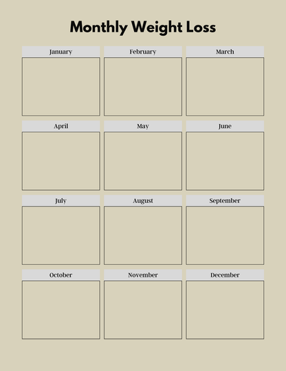 Calendar layout for monthly weight loss tracking with labels for each month.