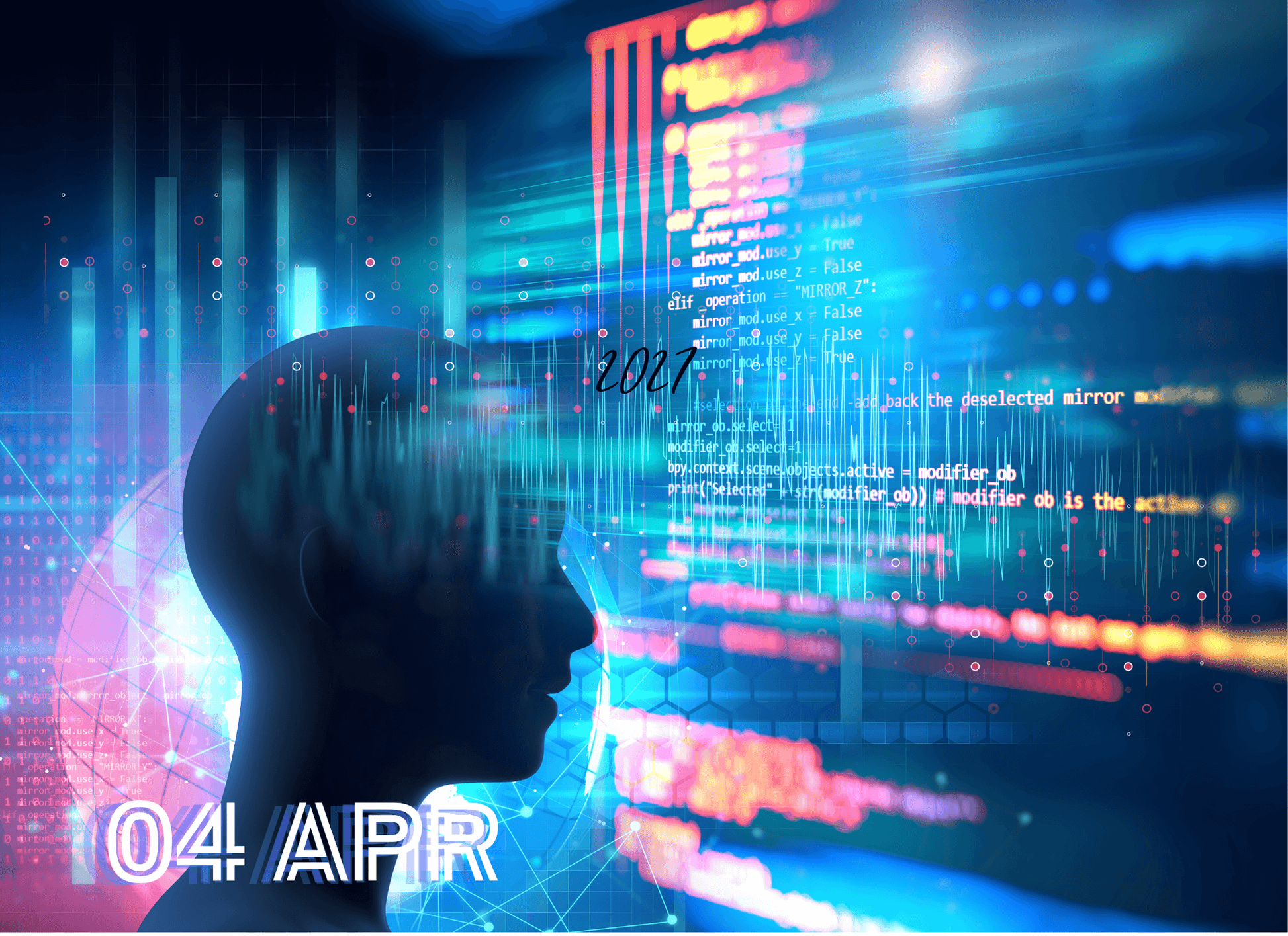 Silhouette of a person looking at digital code and data on a futuristic interface with '04 APR' text.