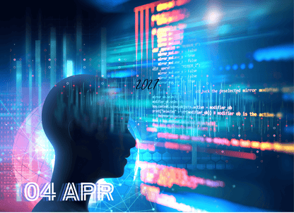 Silhouette of a person looking at digital code and data on a futuristic interface with '04 APR' text.