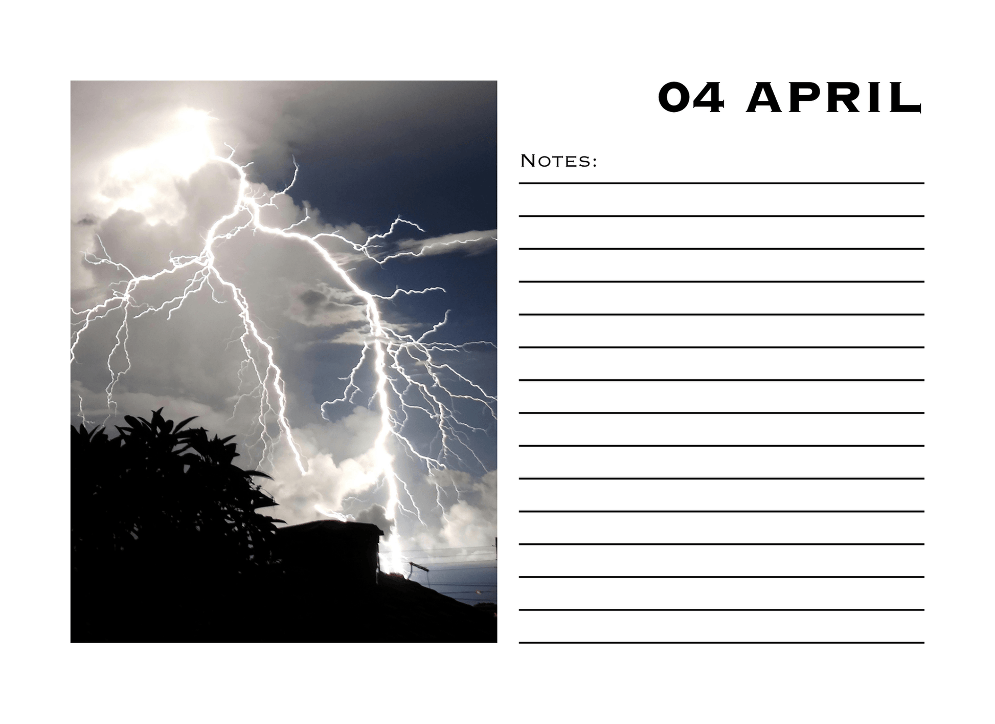 Calendar page with a lightning storm image on April 4th