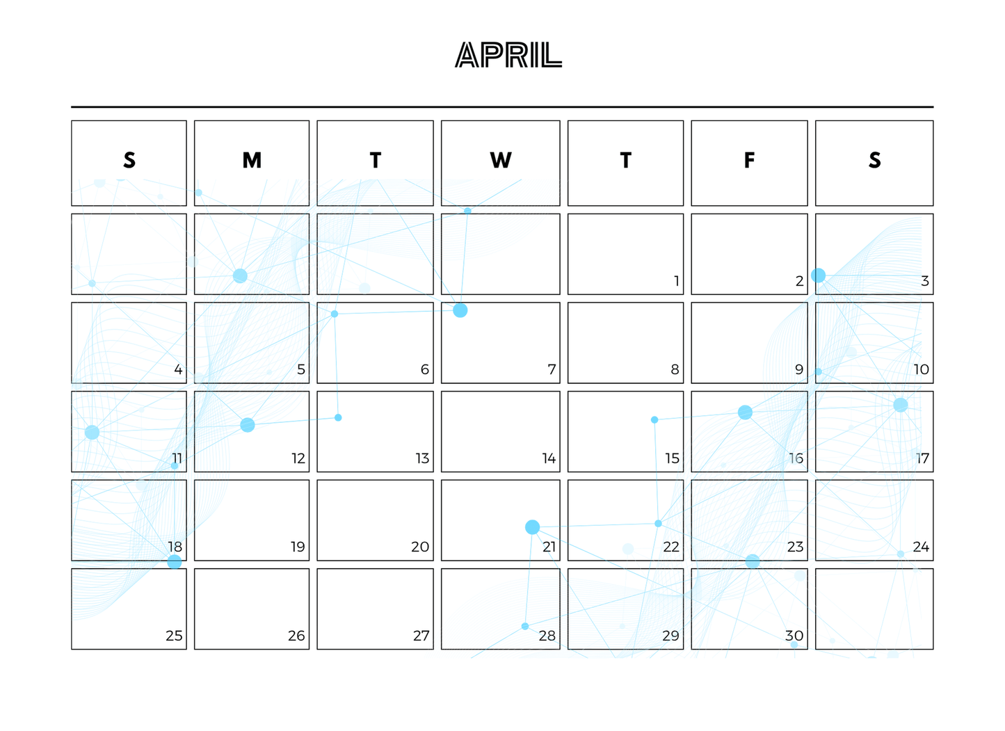 April calendar with watercolor design on a white background