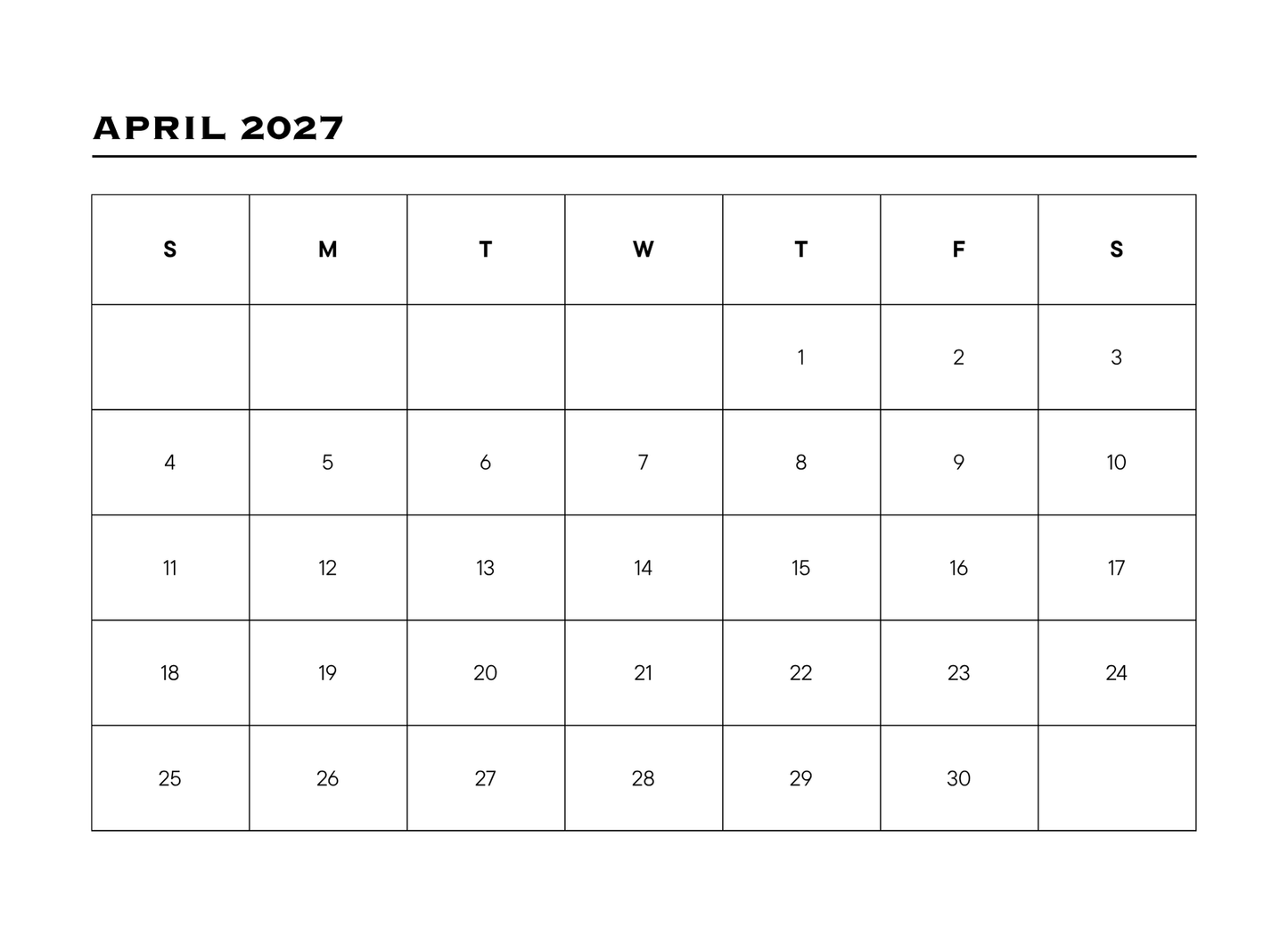 Calendar for April 2027 with days of the week labeled.