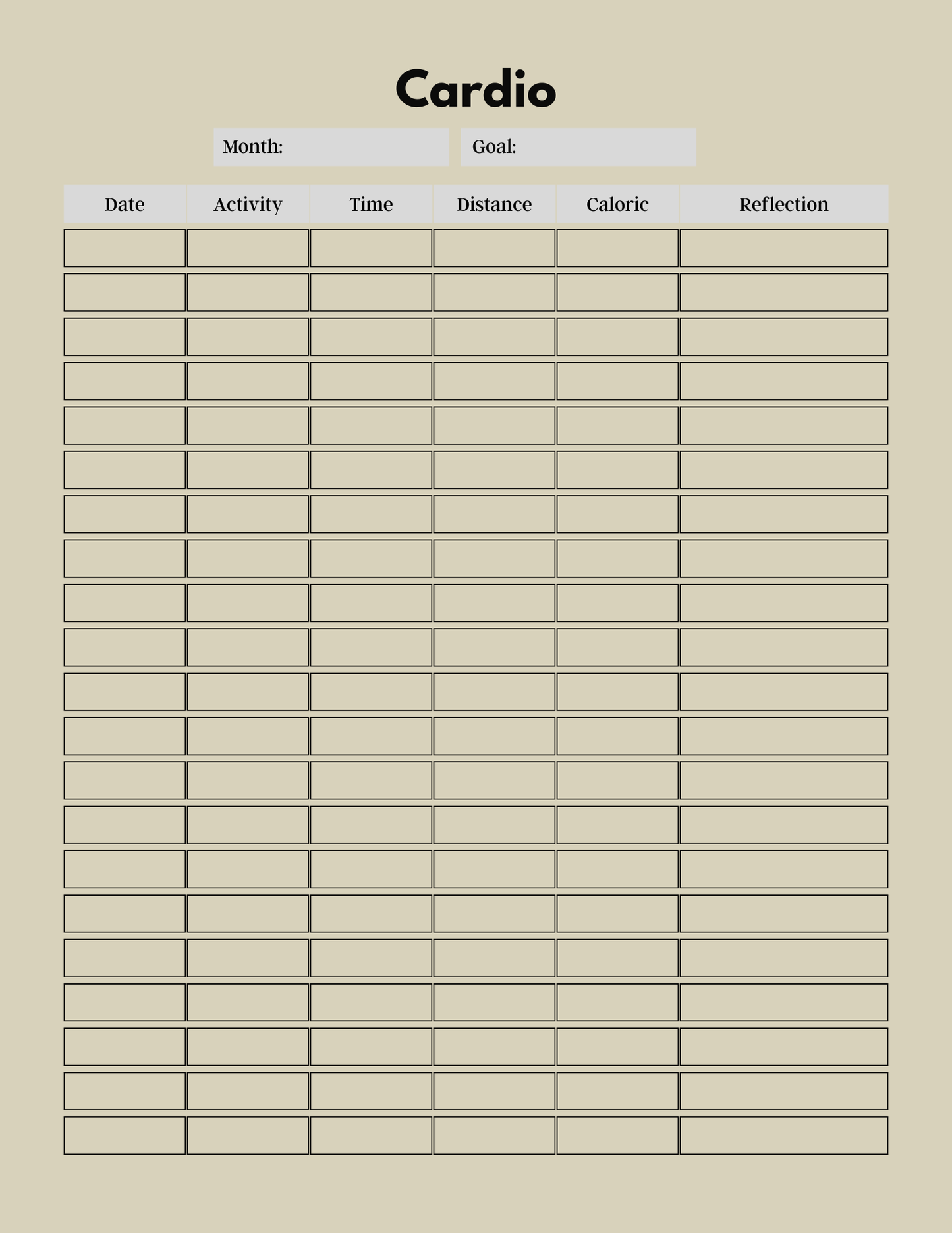 Cardio activity tracking sheet with columns for date, activity, time, distance, calories, and reflection on a beige background.