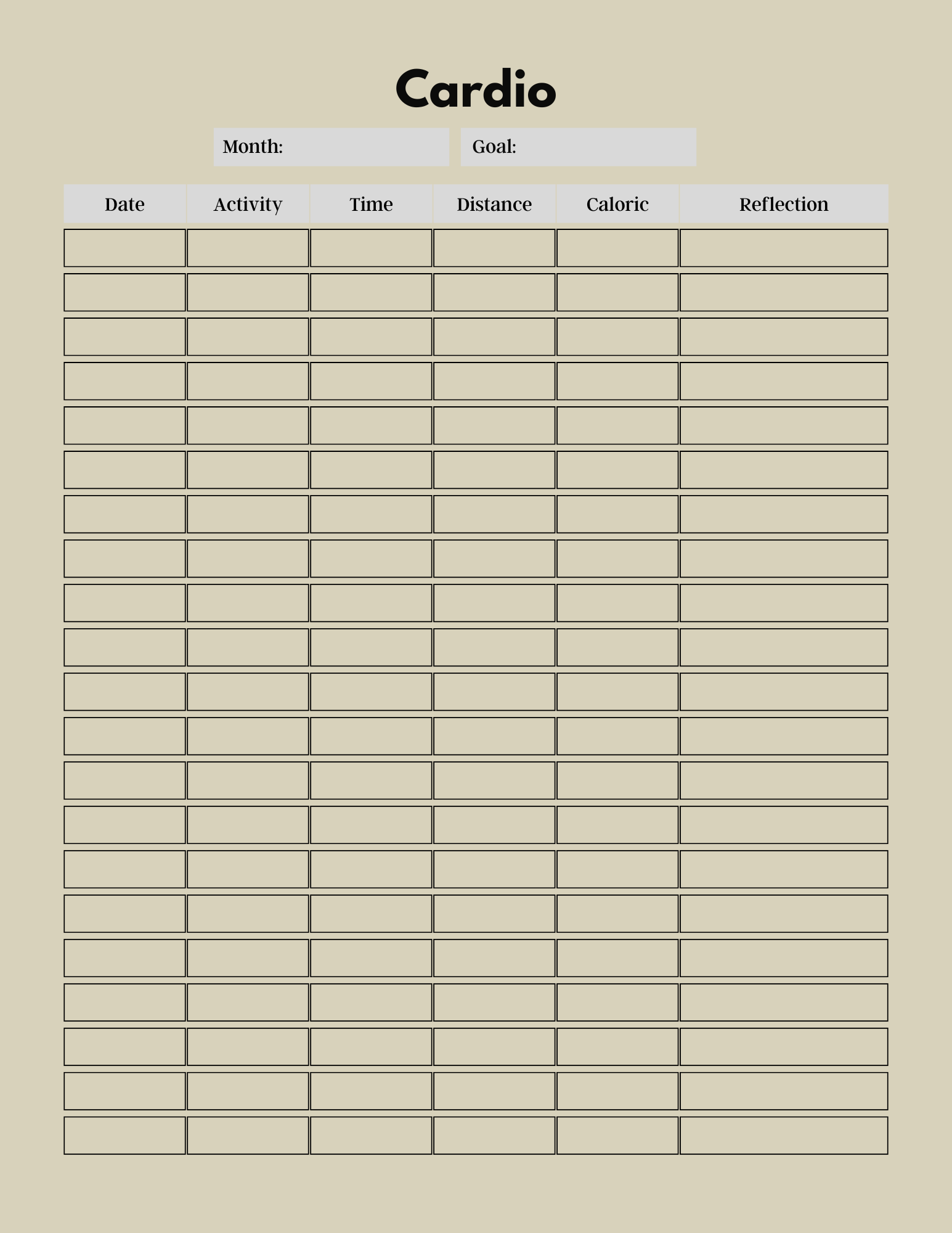 Cardio activity tracking sheet with columns for date, activity, time, distance, calories, and reflection on a beige background.