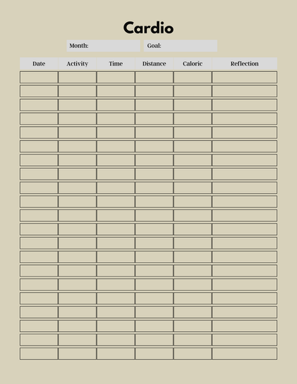 Cardio activity tracking sheet with columns for date, activity, time, distance, calories, and reflection on a beige background.