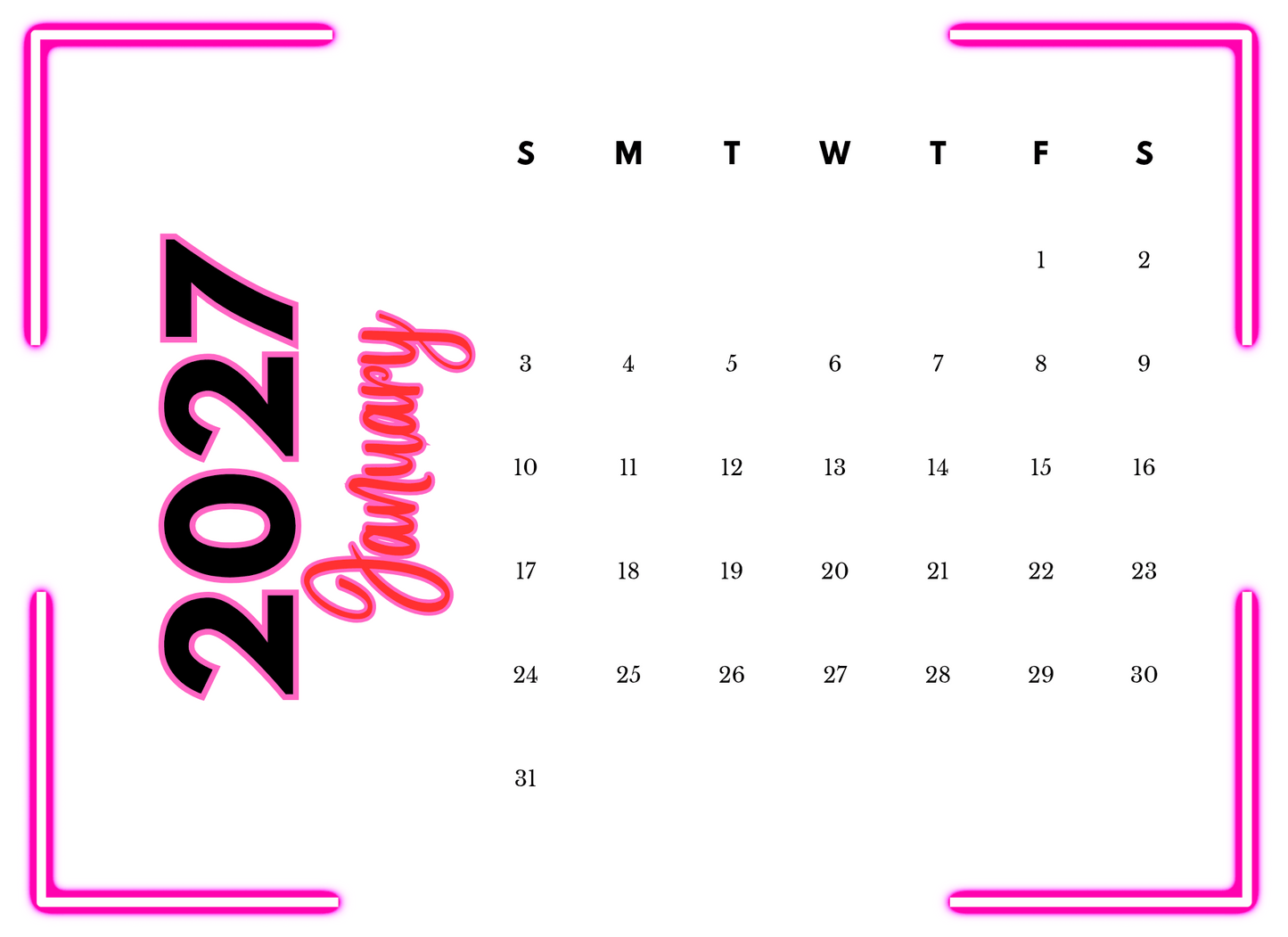 Calendar for January 2027 with pink border and text