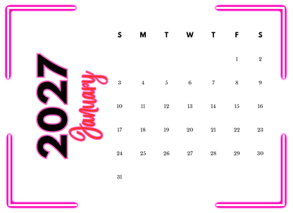 Calendar for January 2027 with pink border and text