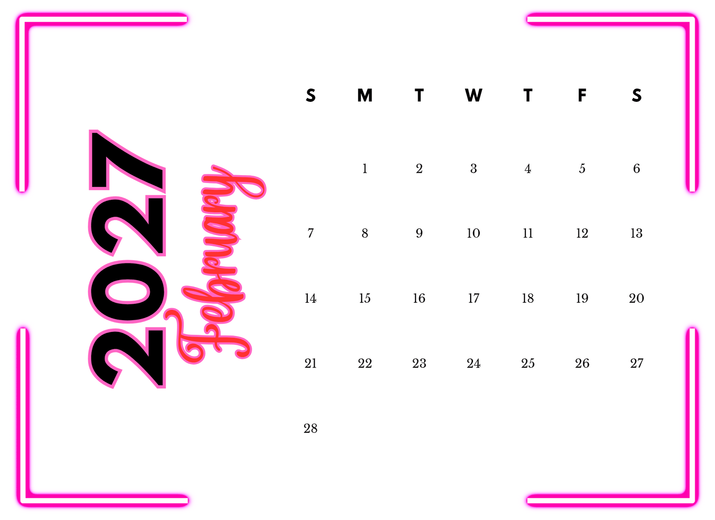 Calendar for February 2027 with pink border and text