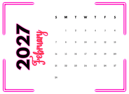 Calendar for February 2027 with pink border and text