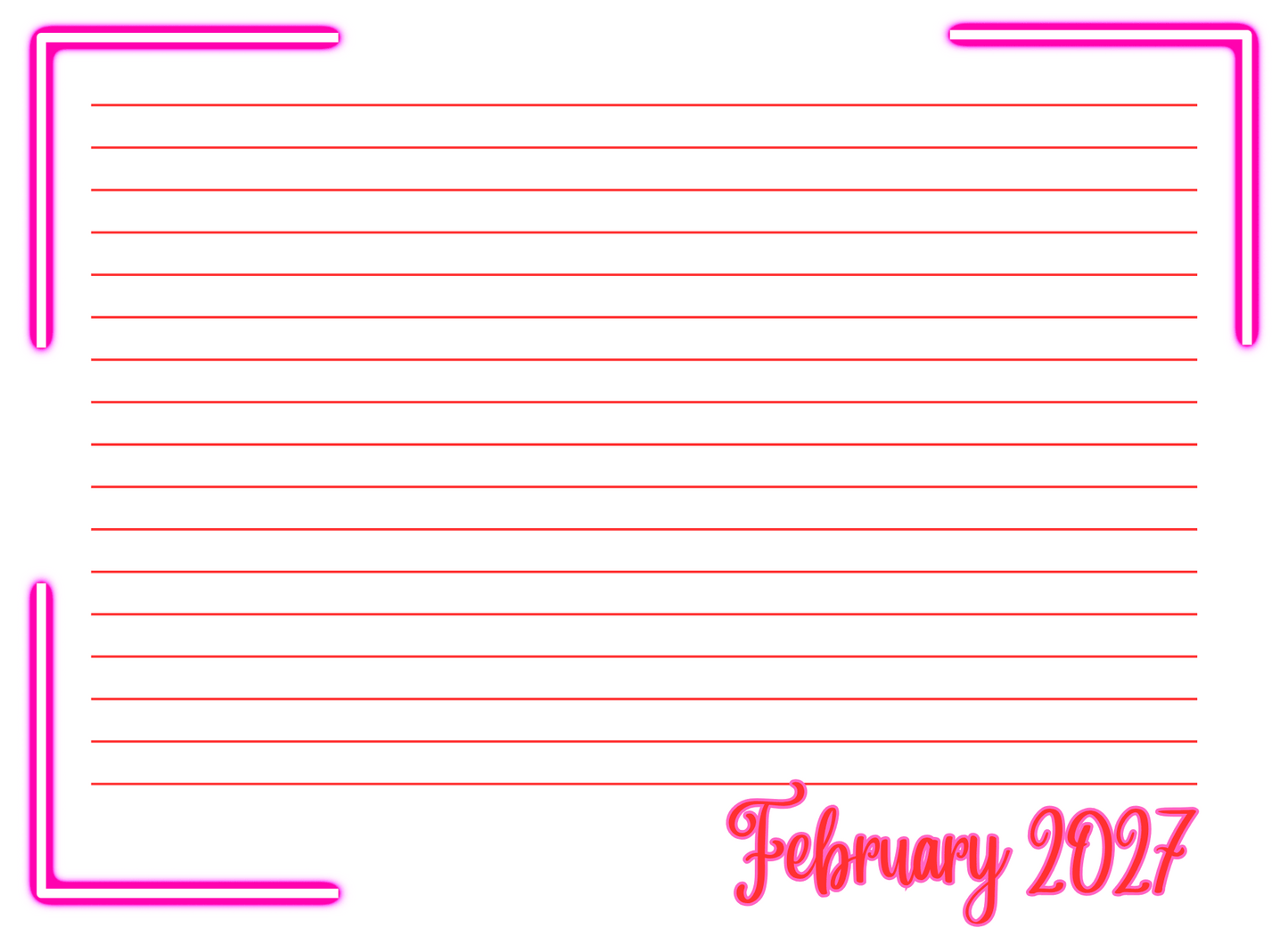 Blank lined paper with pink border and 'February 2027' text