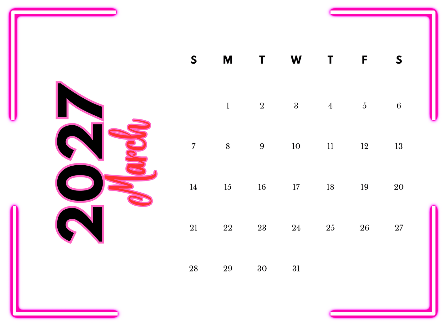 Calendar for March 2027 with a pink border and text
