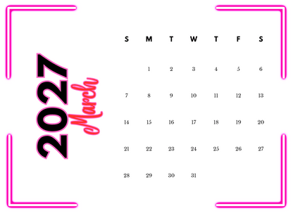 Calendar for March 2027 with a pink border and text