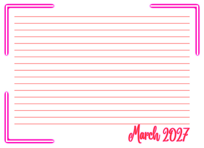  lined paper with pink border and 'March 2027' text