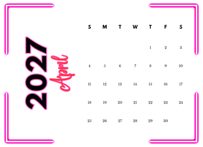 Calendar for April 2027 with pink border and text