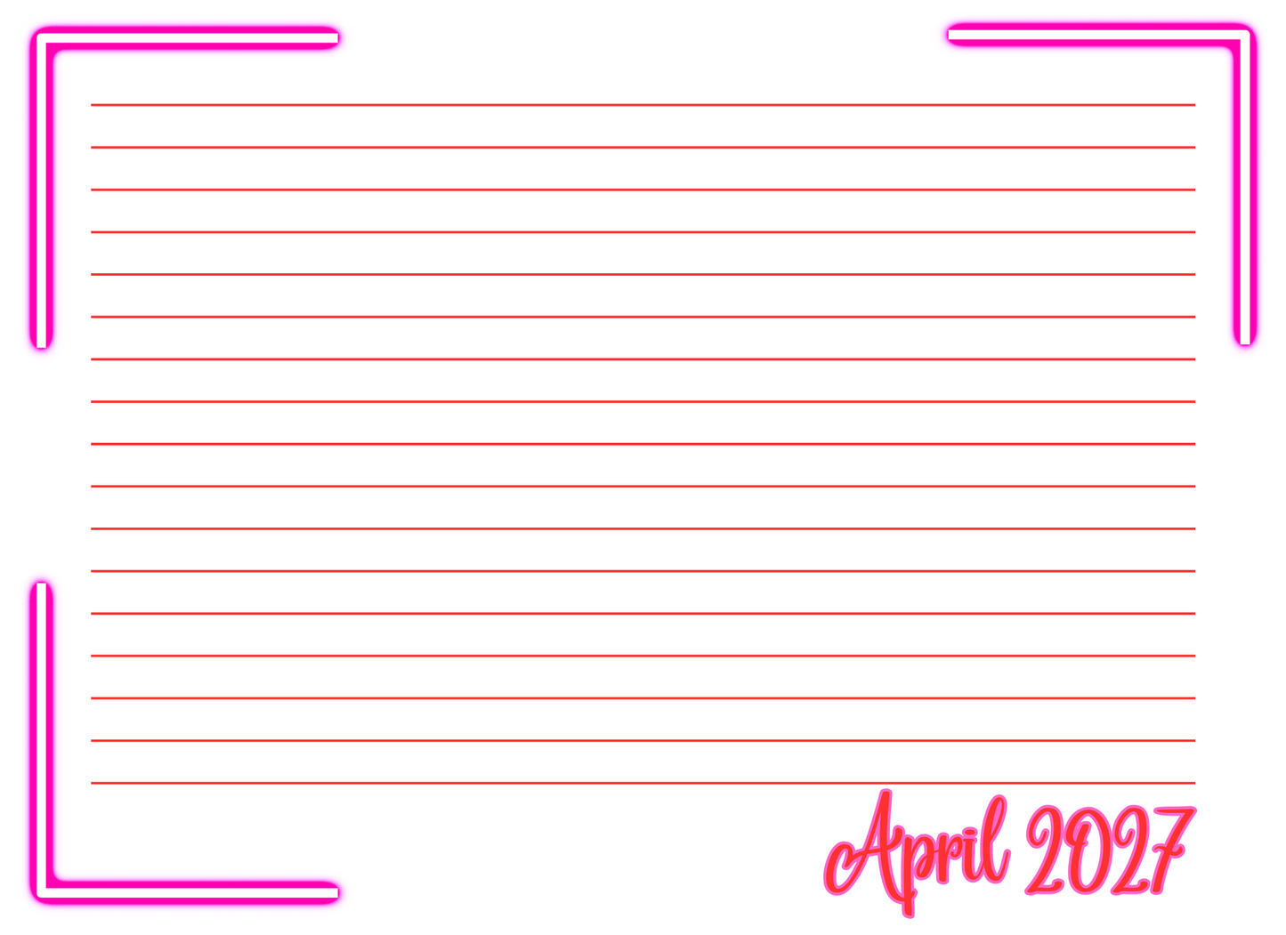 April 2027 lined paper with pink border and text
