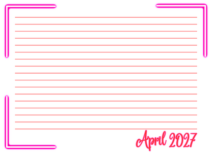 April 2027 lined paper with pink border and text
