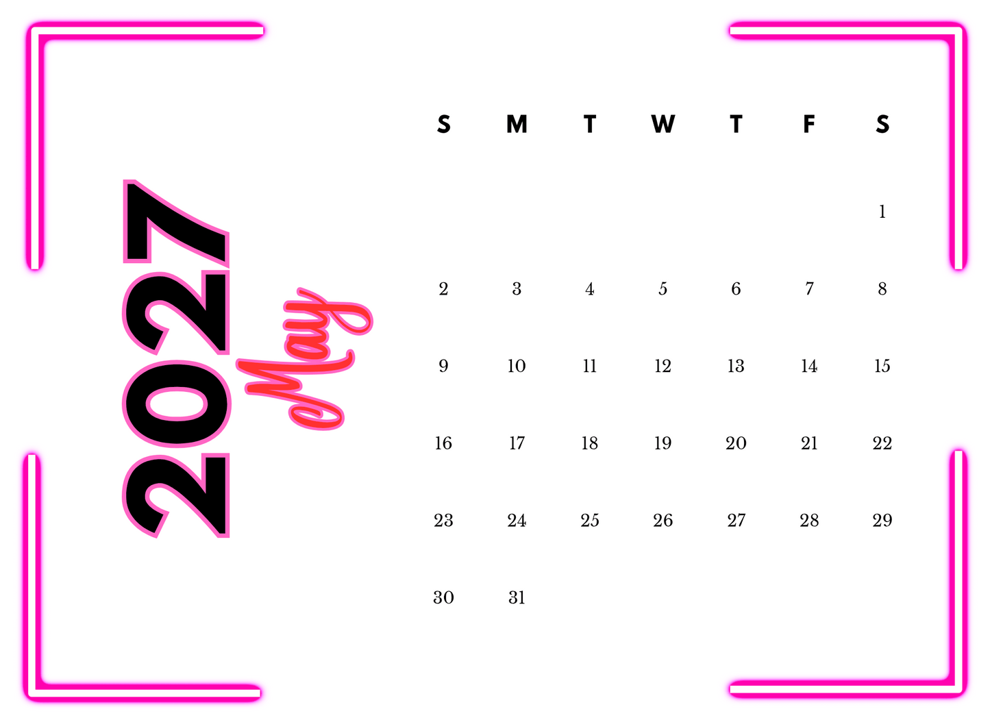 Calendar for May 2027 with a pink border and decorative text.